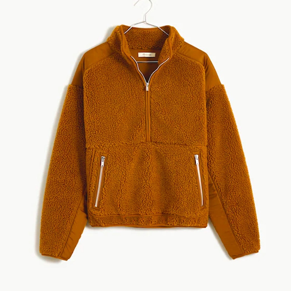 Madewell-(XS)  Women’s Medium Brown Faux Shearling Half Zip Pullover Sweater